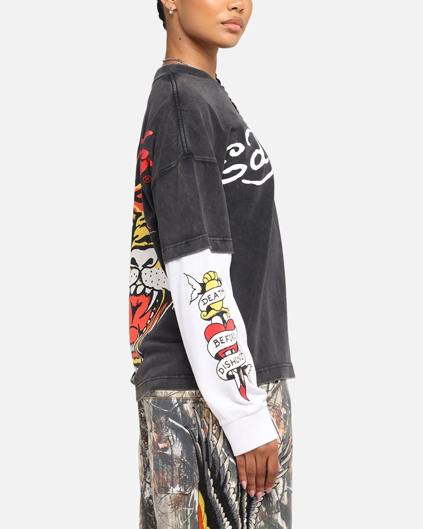 Ed Hardy Tiger Layered Long Sleeve T-Shirt Black